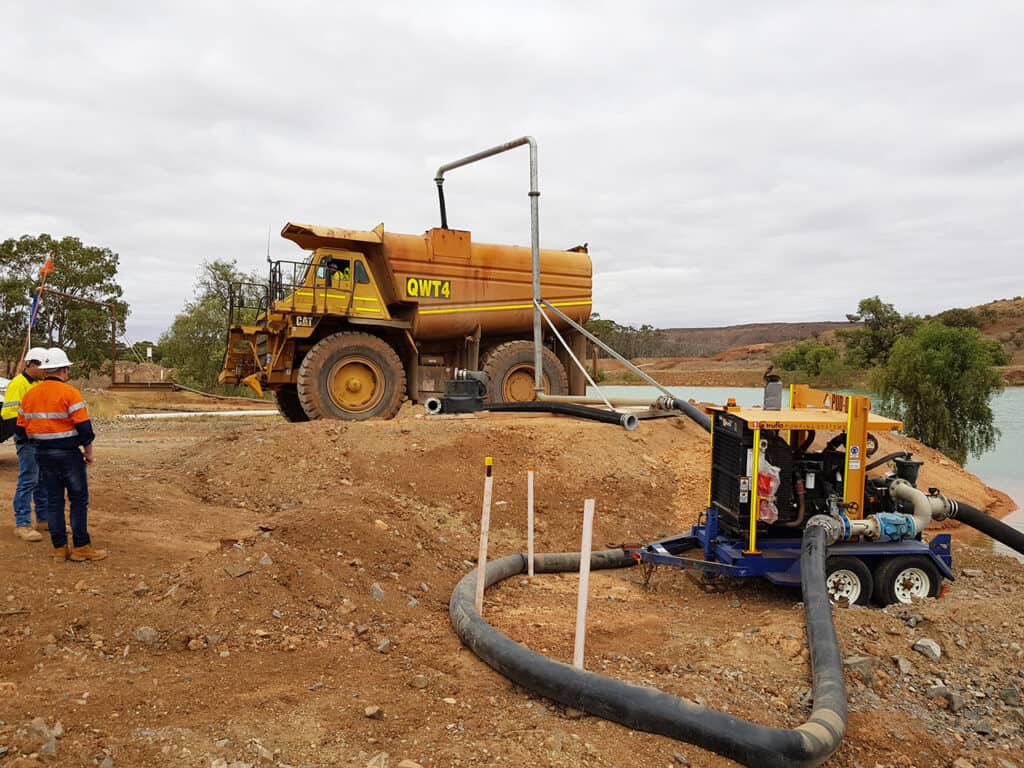 Aquaflo Hire trailer mounted pumpset and truck fill point filling water truck