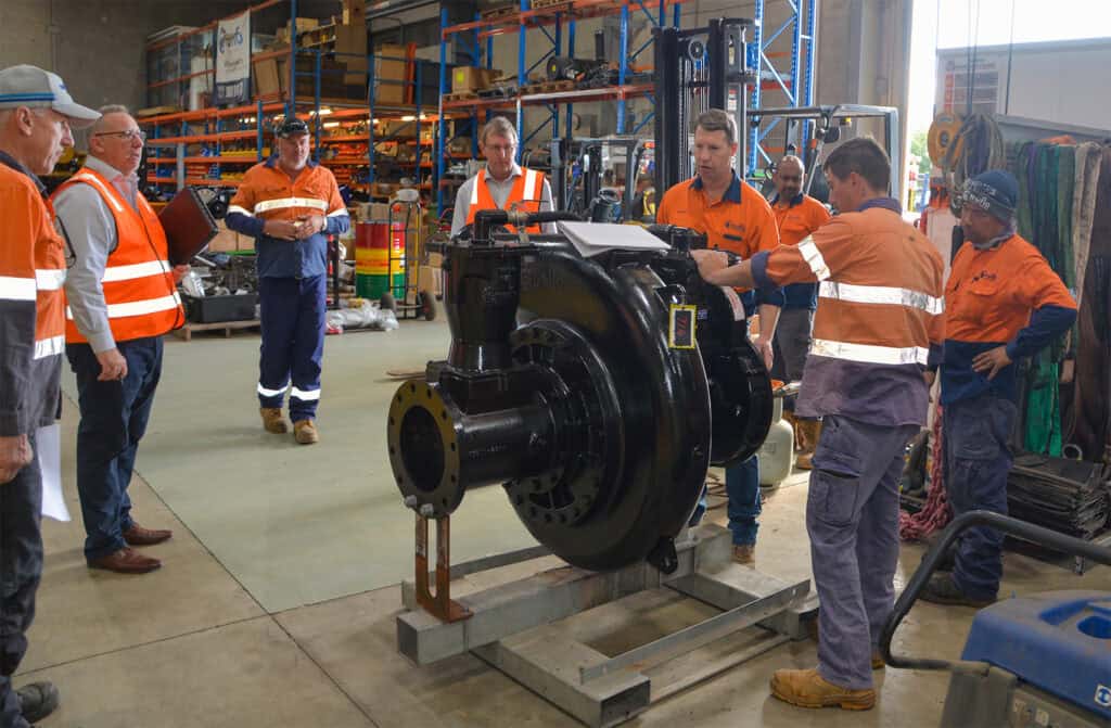 Aquaflo Hire workshop team inspecting a Truflo Pumps wet-end